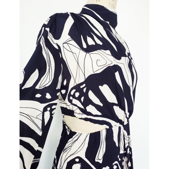ZARA Womens Abstract Printed Cut-out Midriff Midi Dress Navy/Off-White S NWT - Picture 6 of 14